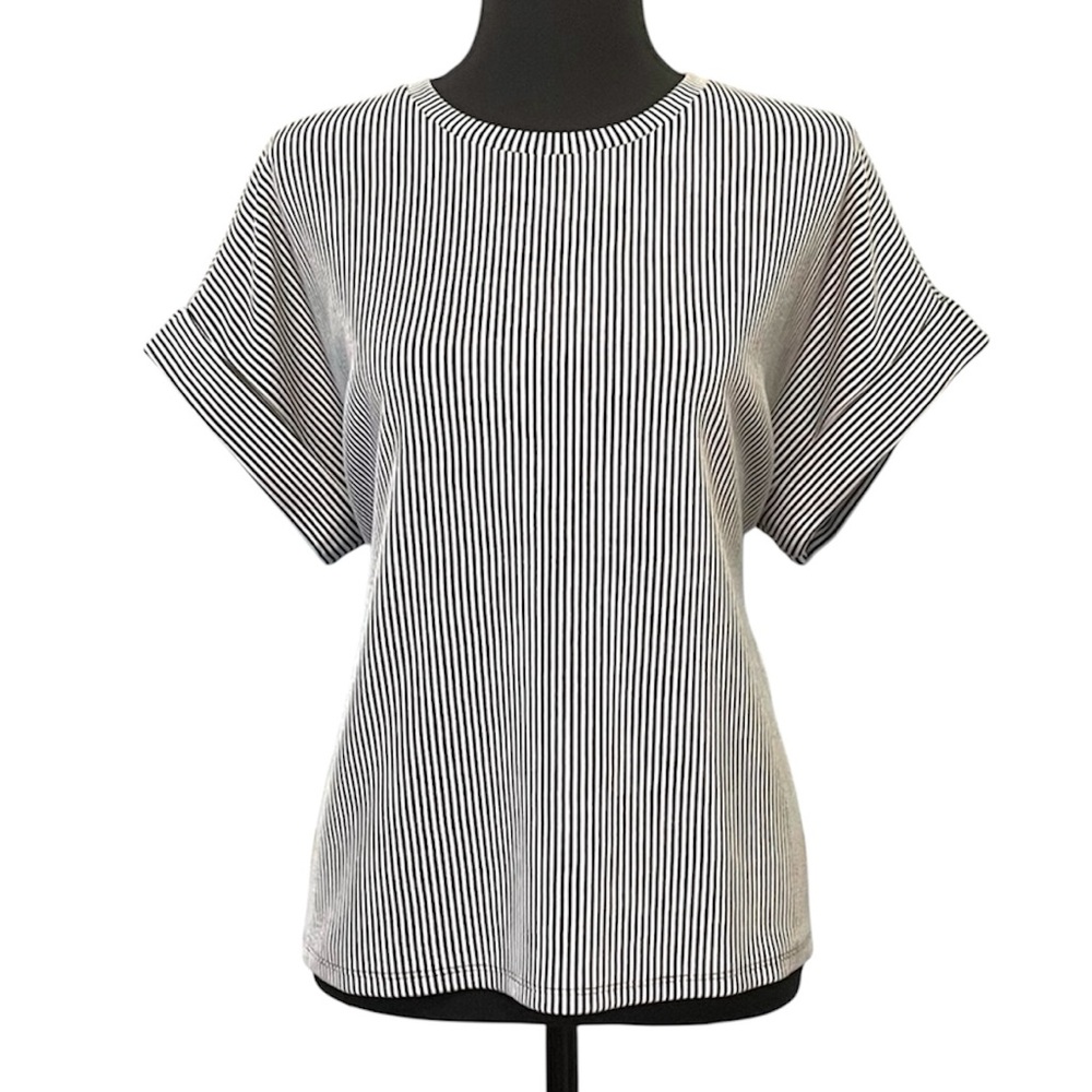 Express Size Small Striped Back Tie Top Cuffed Short Sleeves Classic Black White